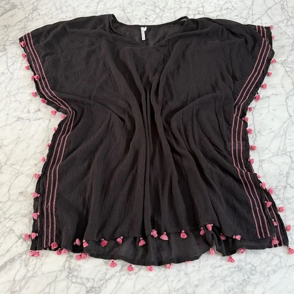 Seafolly Amnesia Kaftan Cover Up Black Pink Tassels One size